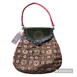 Fabindia Ajrakh decorative satin Bag w/leather flap & attachable strap 25”X12”